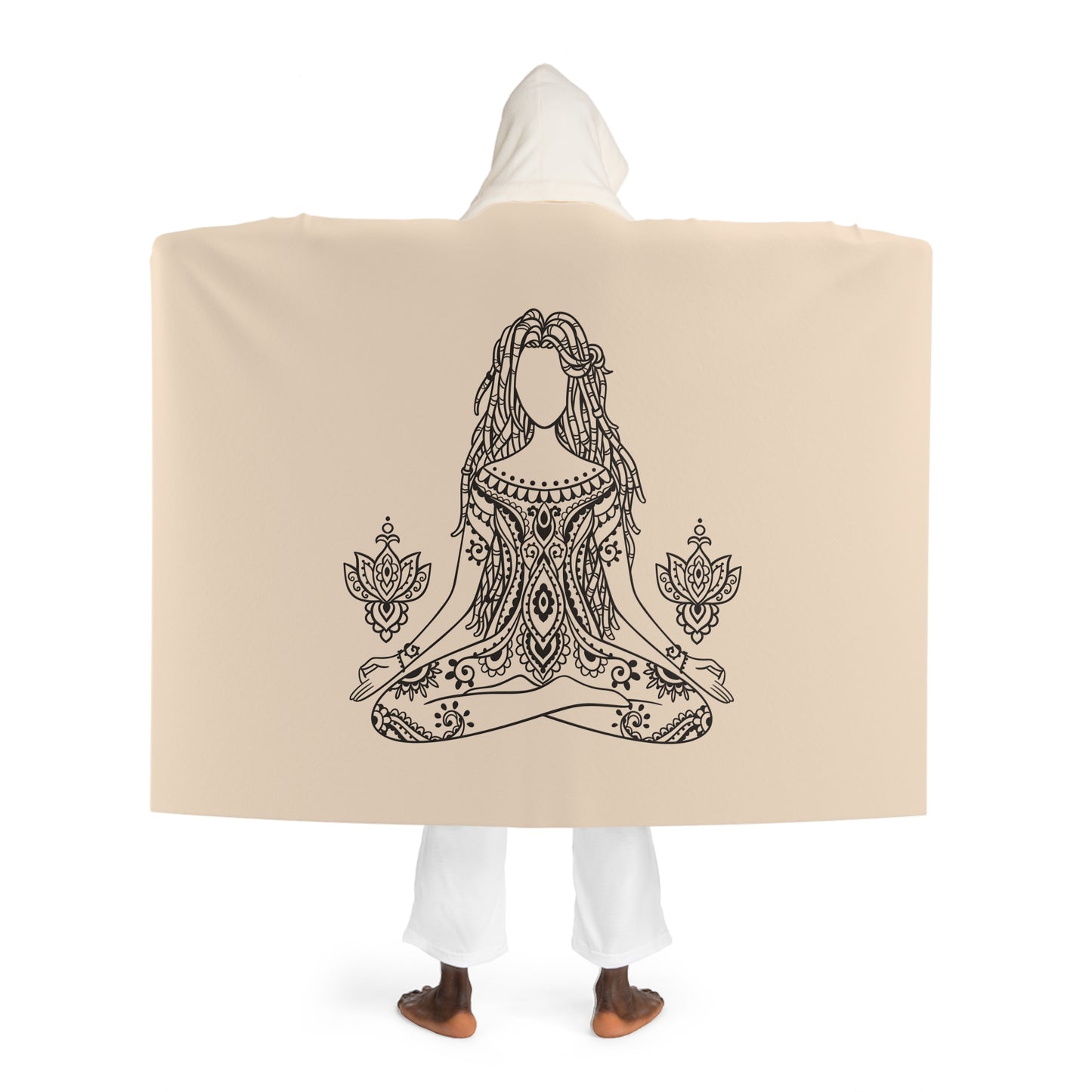 YOGA FRAU MEDITIERT SCHÖN • Kapuzen Kuscheldecke Beige Creme • Wohndecke Sherpa 130cm x 180cm