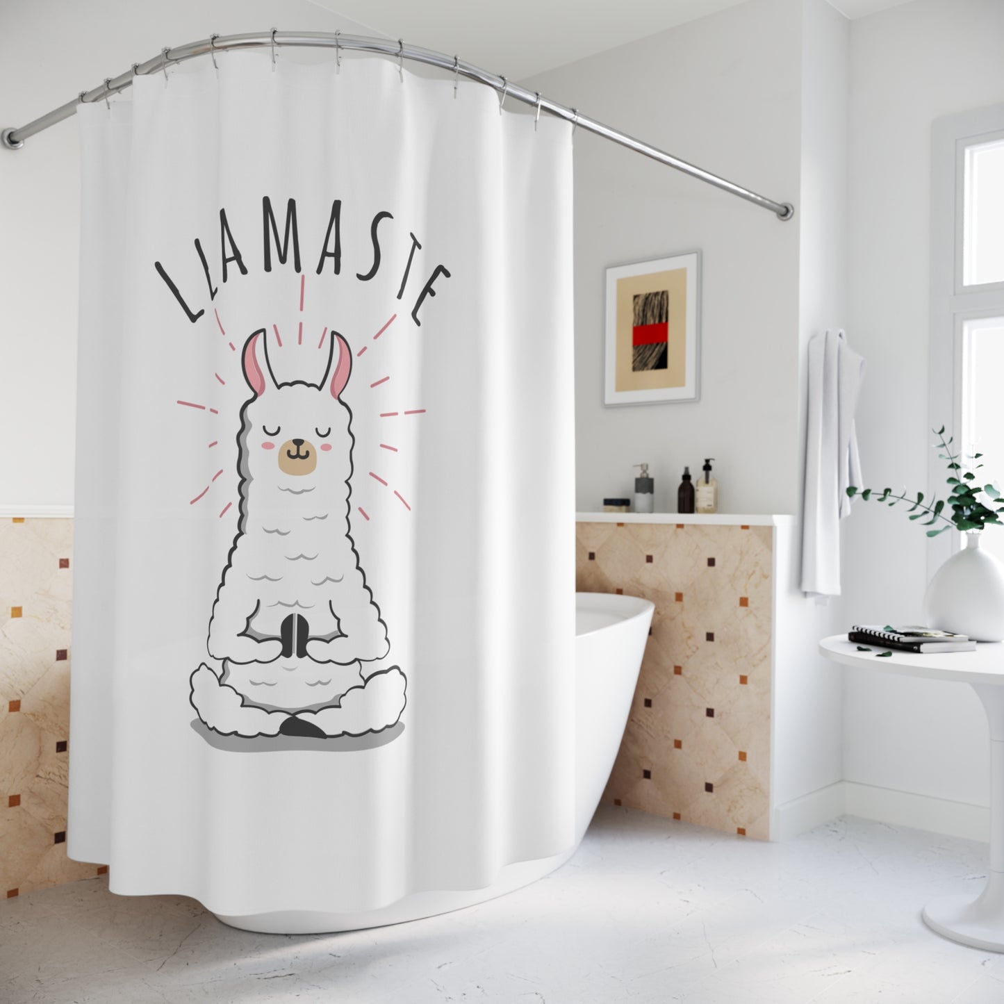 LLAMASTE LUSTIGES LAMA YOGA MEDITATION POSE • Duschvorhang 180x200 cm Weiss