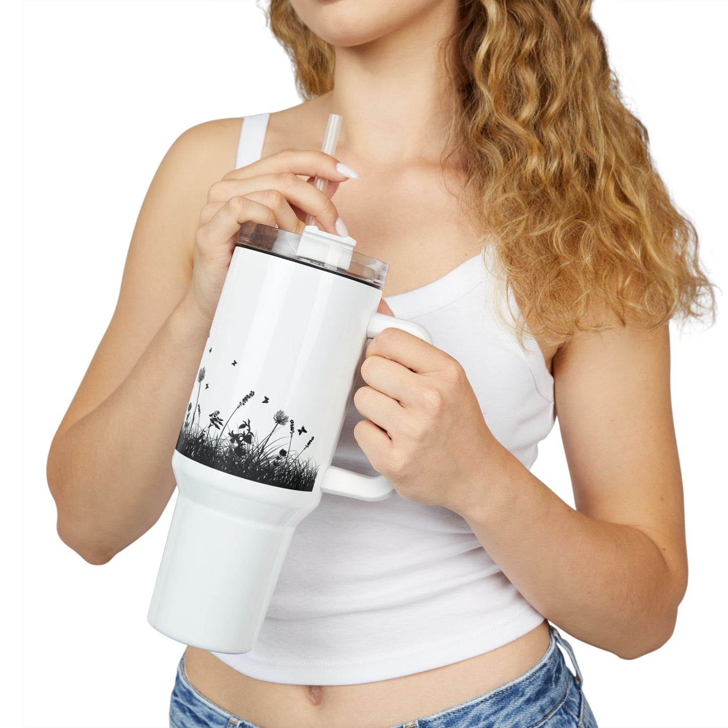 BLUMENWIESE SCHMETTERLINGE • Tumbler mit Henkel & Strohhalm • XXL Reisebecher 1,2L