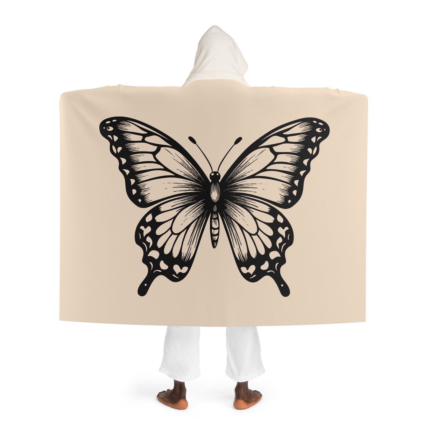 SCHMETTERLING BOHO STYLE • Kapuzen Kuscheldecke Beige Creme • Wohndecke Sherpa 130cm x 180cm