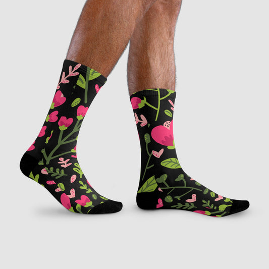HERZ-BLUMEN MUSTER NIEDLICH SÜß • HAPPY SOCKS Crew Socken Schwarz Pink mit Motiv