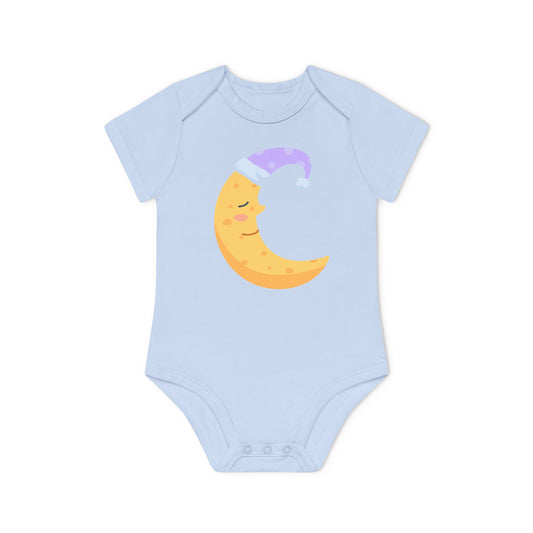 MOND MIT SCHLAFMÜTZE COMIC SCHLAFANZUG PIJAMA • Niedlich süßer Baby Body Kurzarm • Mädchen & Jungen • BIO Baumwolle 🌿