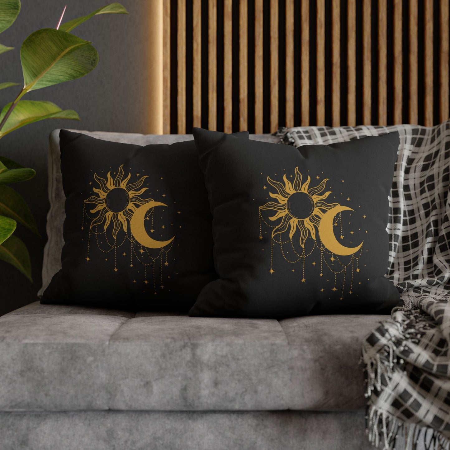 SONNE MOND STERNENHIMMEL • Deko Kissenbezug mit Reißverschluss Quadratisch Schwarz