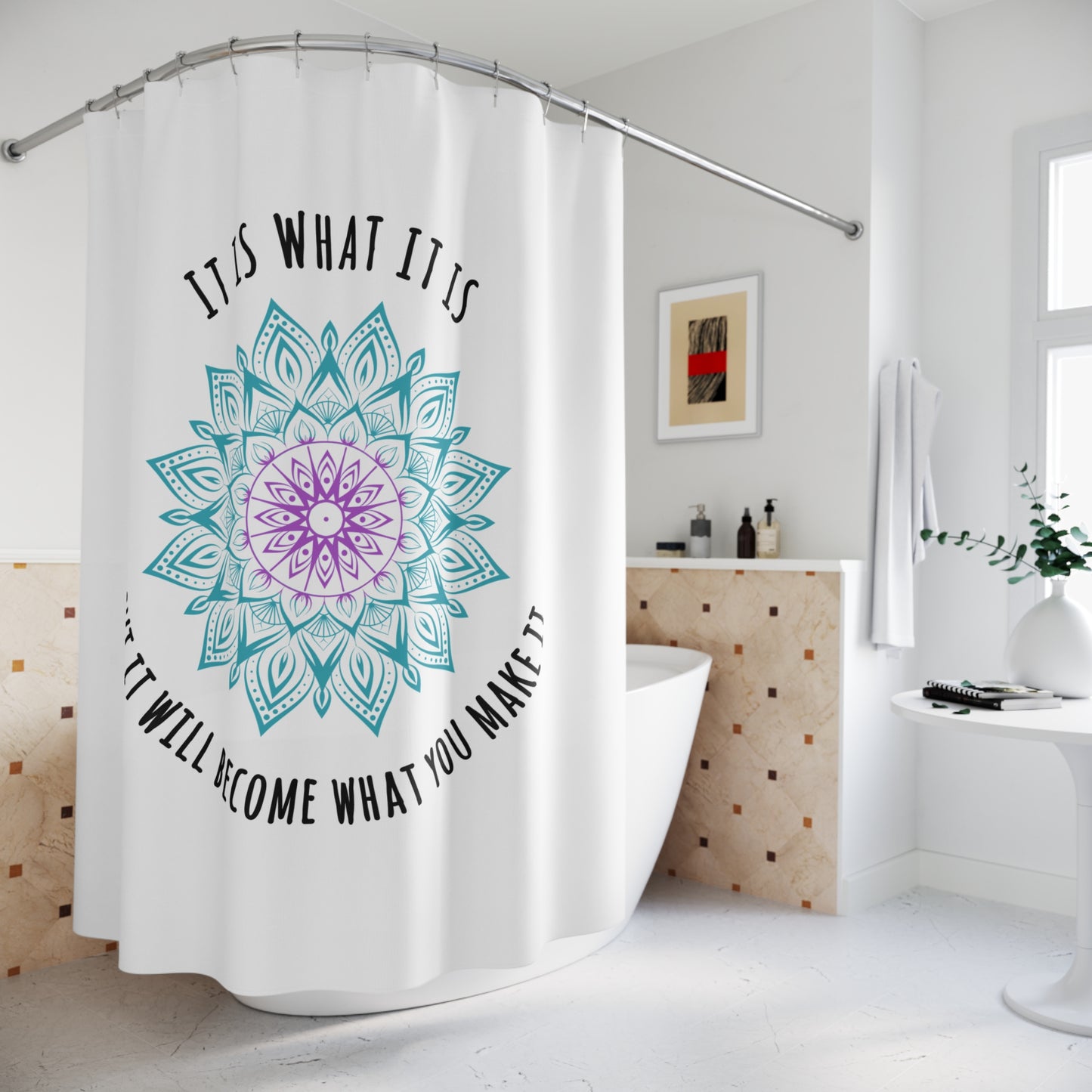 IT IS WHAT IT IS - MANDALA BLUME • Hochwertiger, Schöner Duschvorhang 180x200 cm Weiss