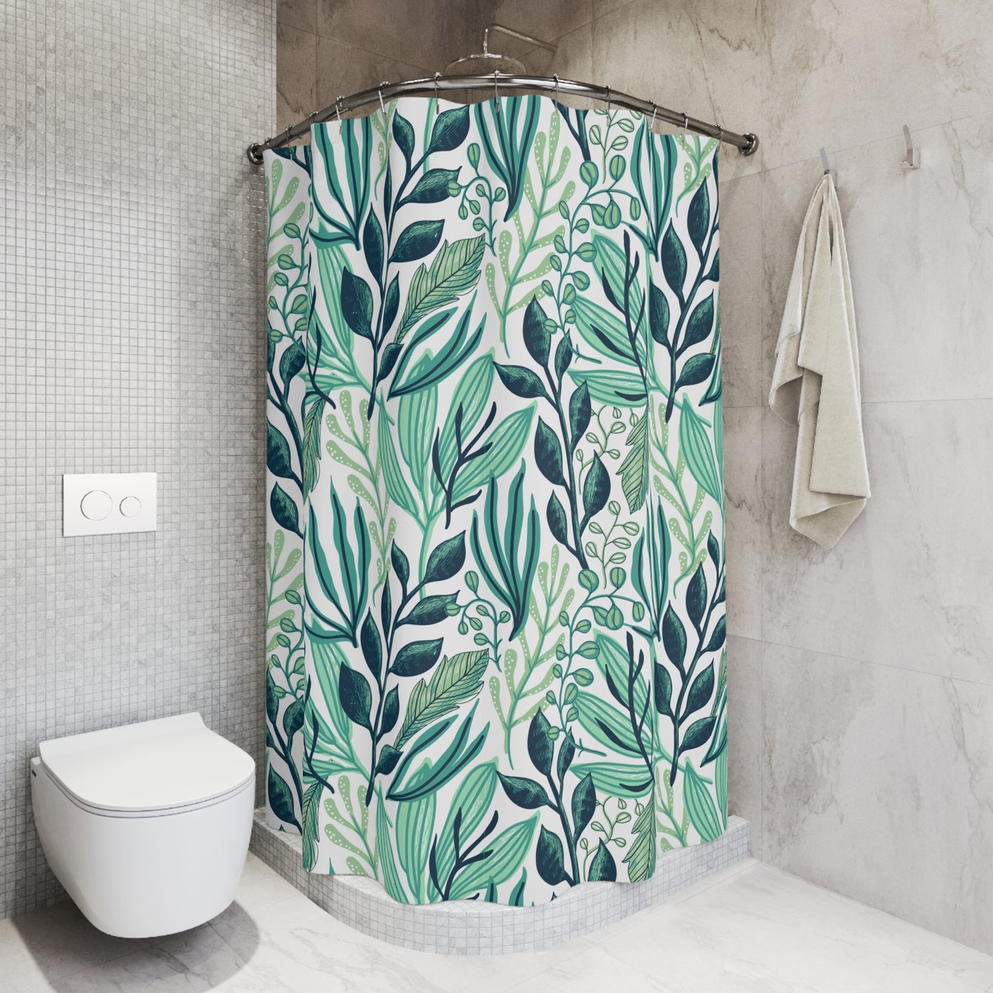 GRÜNE BLÄTTER FLORAL • Hochwertiger, Schöner Duschvorhang 180x200 cm Türkis Weiß