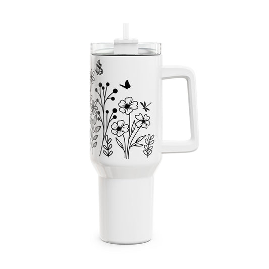 SCHMETTERLINGS BLUMEN WIESE NIEDLICH • Tumbler mit Henkel & Strohhalm • XXL Reisebecher 1,2L