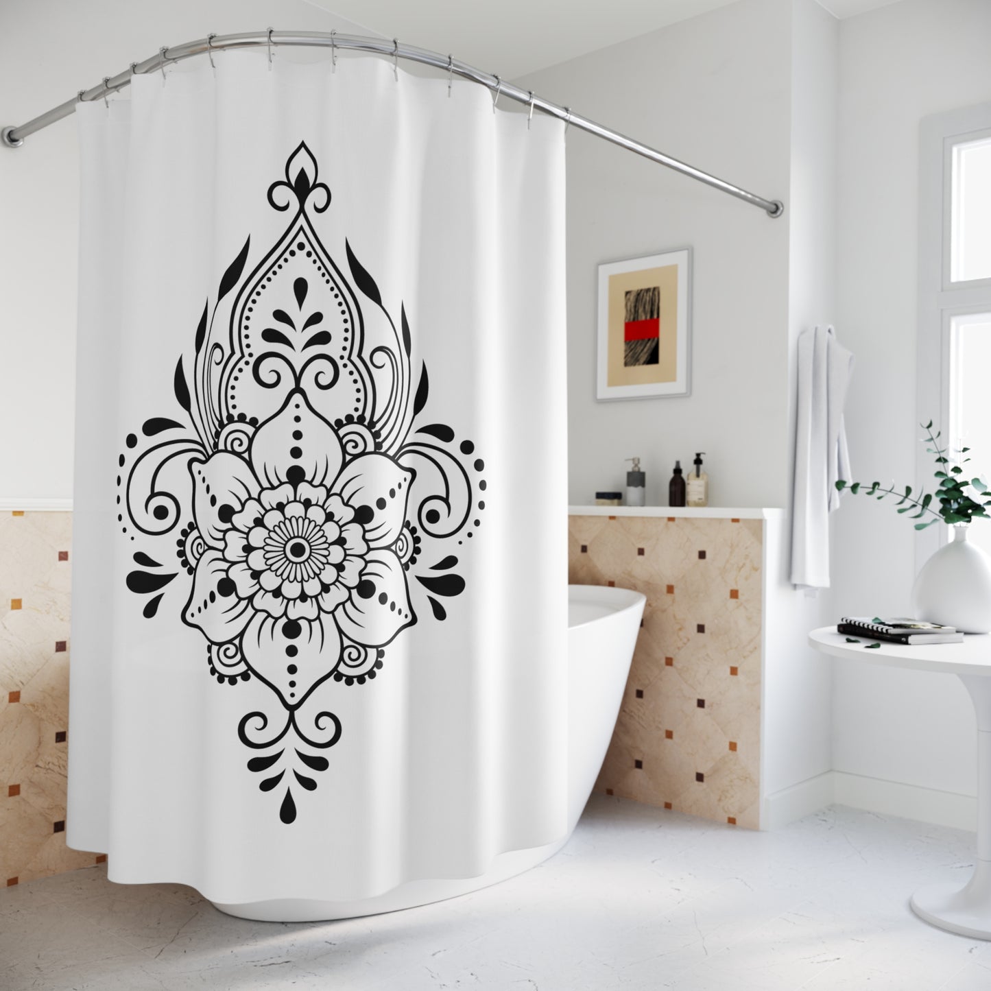 BLUMENT ORNAMENT FLORAL • Hochwertiger, Schöner Duschvorhang 180x200 cm Weiss
