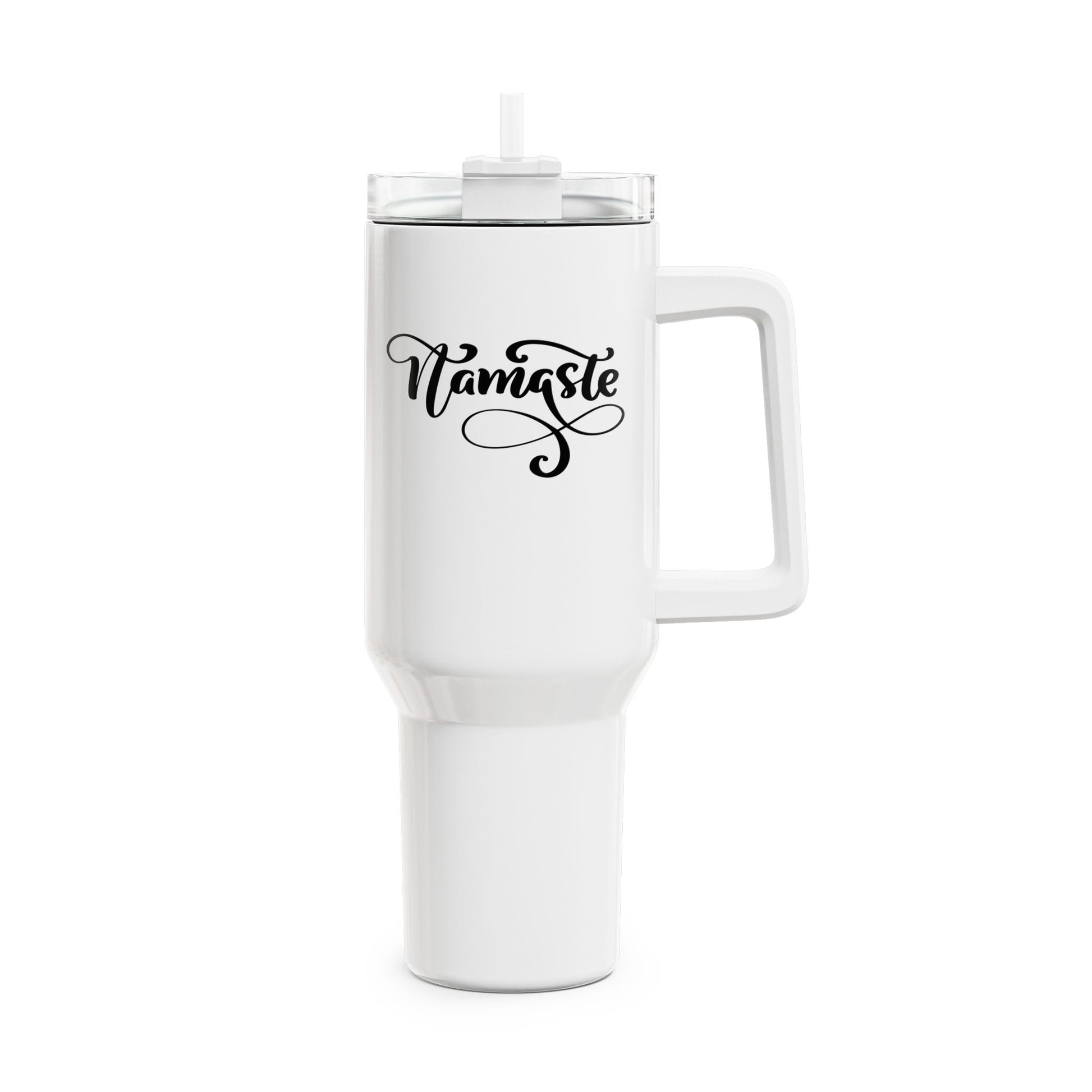 NAMASTE YOGA SPRUCH SCHÖN GESCHRIEBEN • Tumbler mit Henkel & Strohhalm • XXL Reisebecher 1,2L - YOGA SANTA