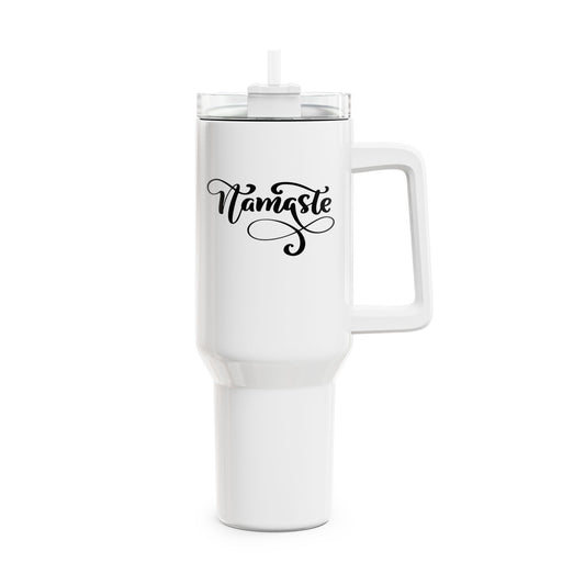 NAMASTE YOGA SPRUCH SCHÖN GESCHRIEBEN • Tumbler mit Henkel & Strohhalm • XXL Reisebecher 1,2L - YOGA SANTA