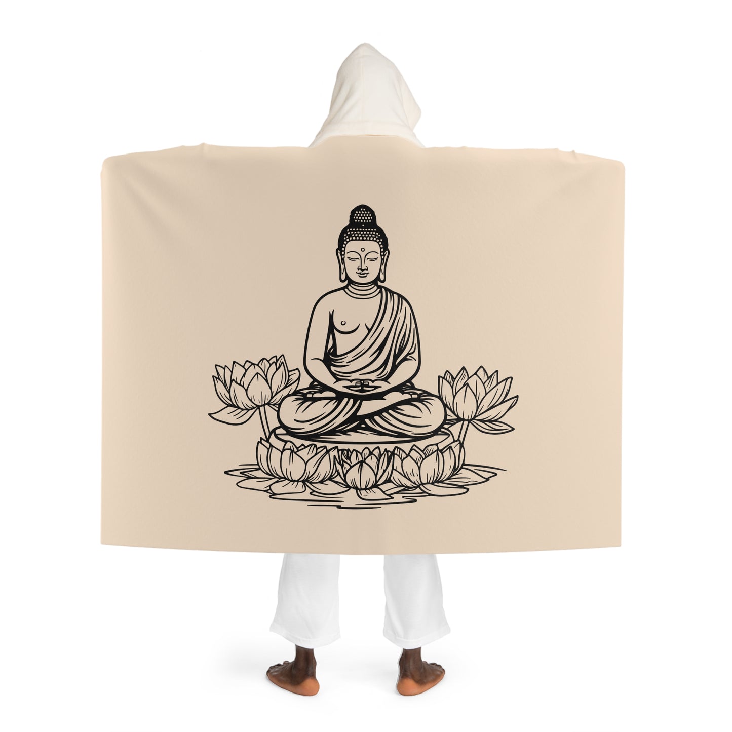 BUDDHA ZWISCHEN LOTUSBLÜTEN • Kapuzen Kuscheldecke Beige Creme • Wohndecke Sherpa 130cm x 180cm