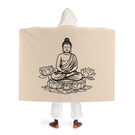 BUDDHA ZWISCHEN LOTUSBLÜTEN • Kapuzen Kuscheldecke Beige Creme • Wohndecke Sherpa 130cm x 180cm