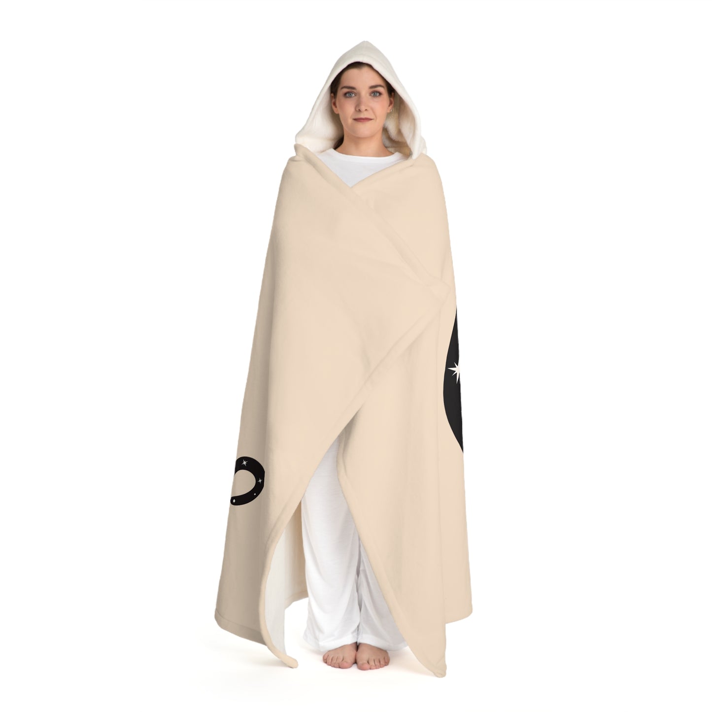 KATZE MOND STERNENHIMMEL • Kapuzen Kuscheldecke Beige Creme • Wohndecke Sherpa 130cm x 180cm