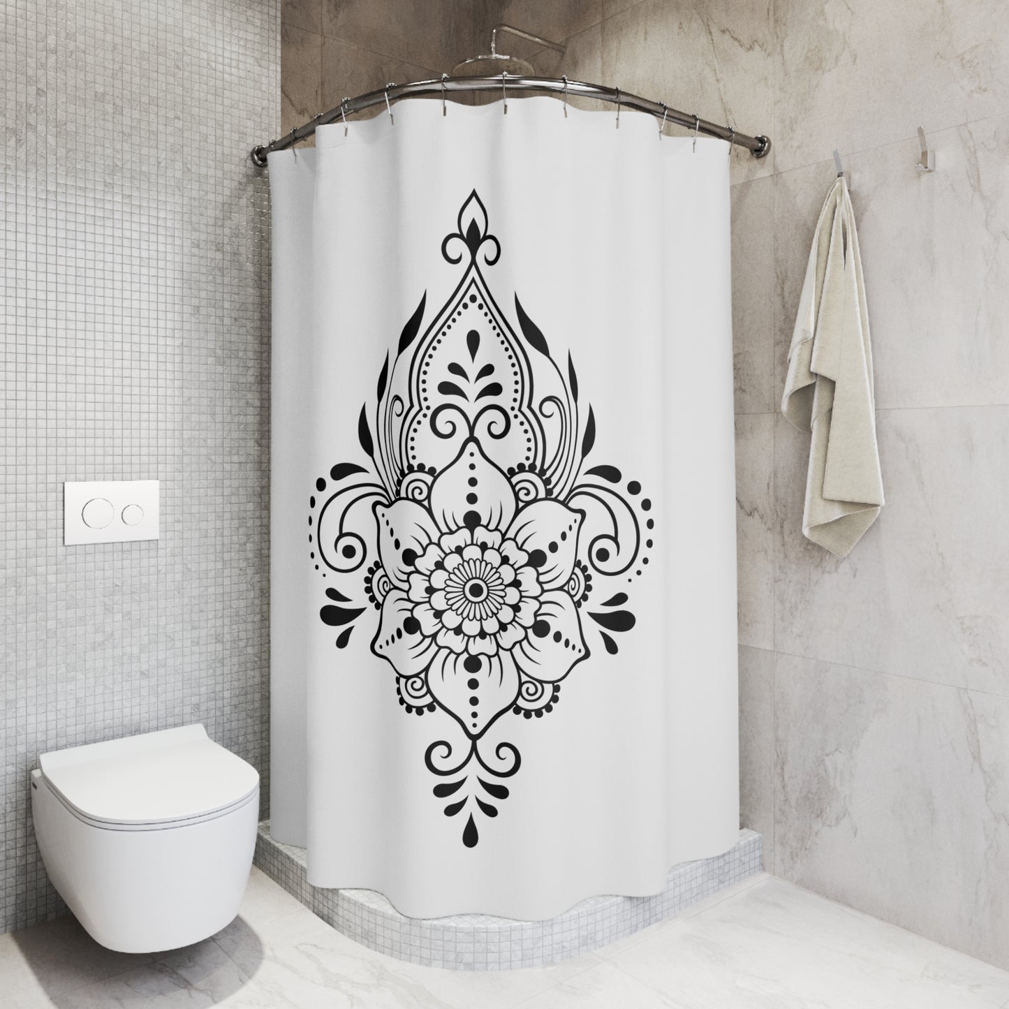 BLUMENT ORNAMENT FLORAL • Hochwertiger, Schöner Duschvorhang 180x200 cm Weiss