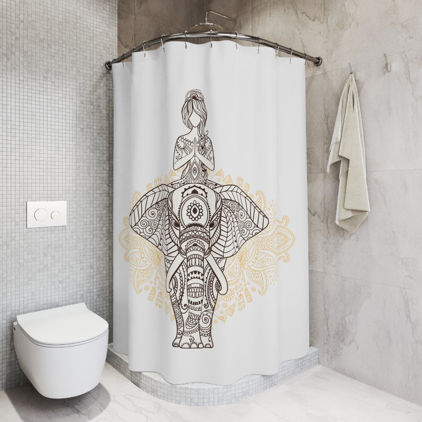 ELEFANT MANDALA - SCHÖNE FRAU • Hochwertiger, Schöner Duschvorhang 180x200 cm Weiss