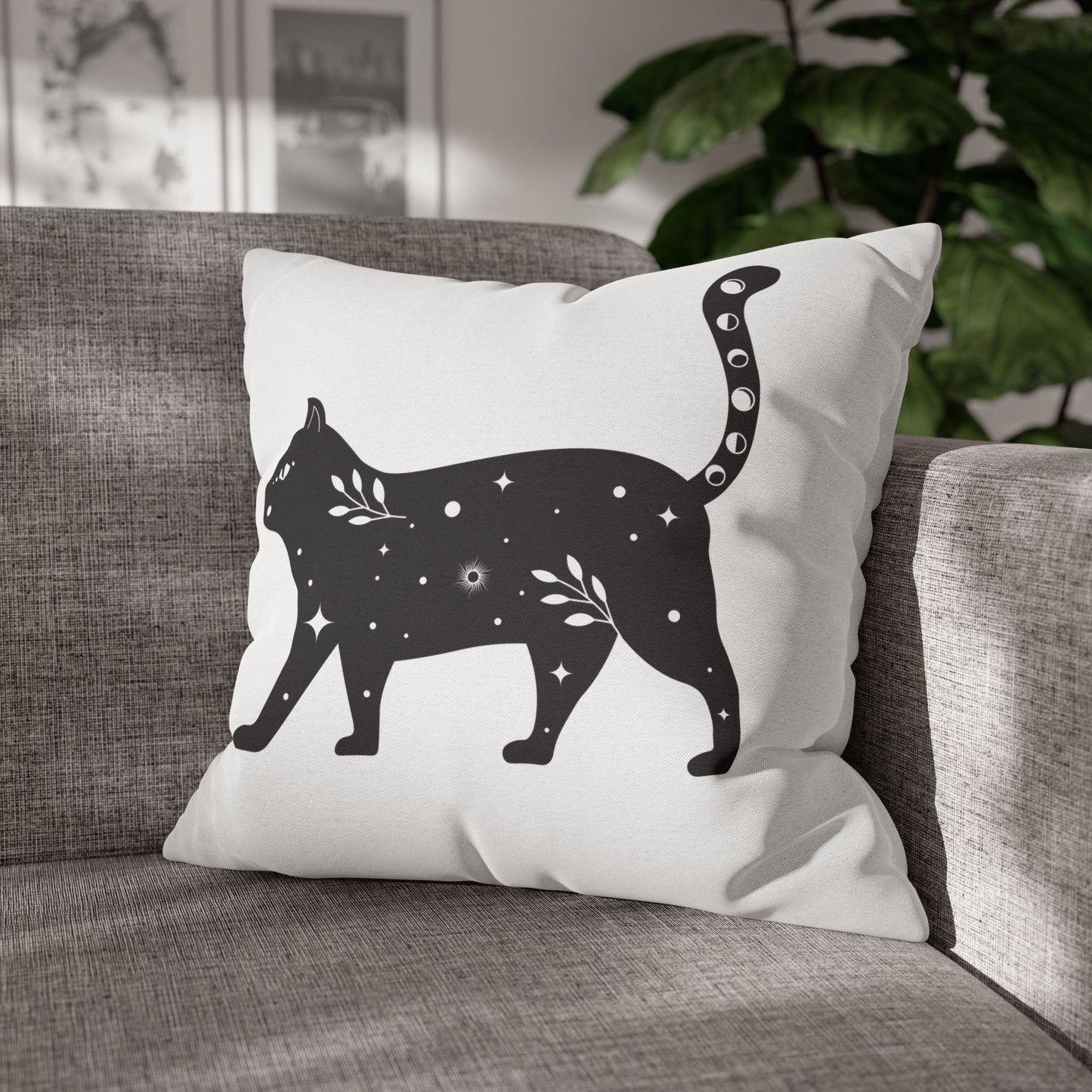 KATZE BLUMEN STERNENHIMMEL • Deko Kissenbezug mit Reißverschluss Quadratisch Weiß