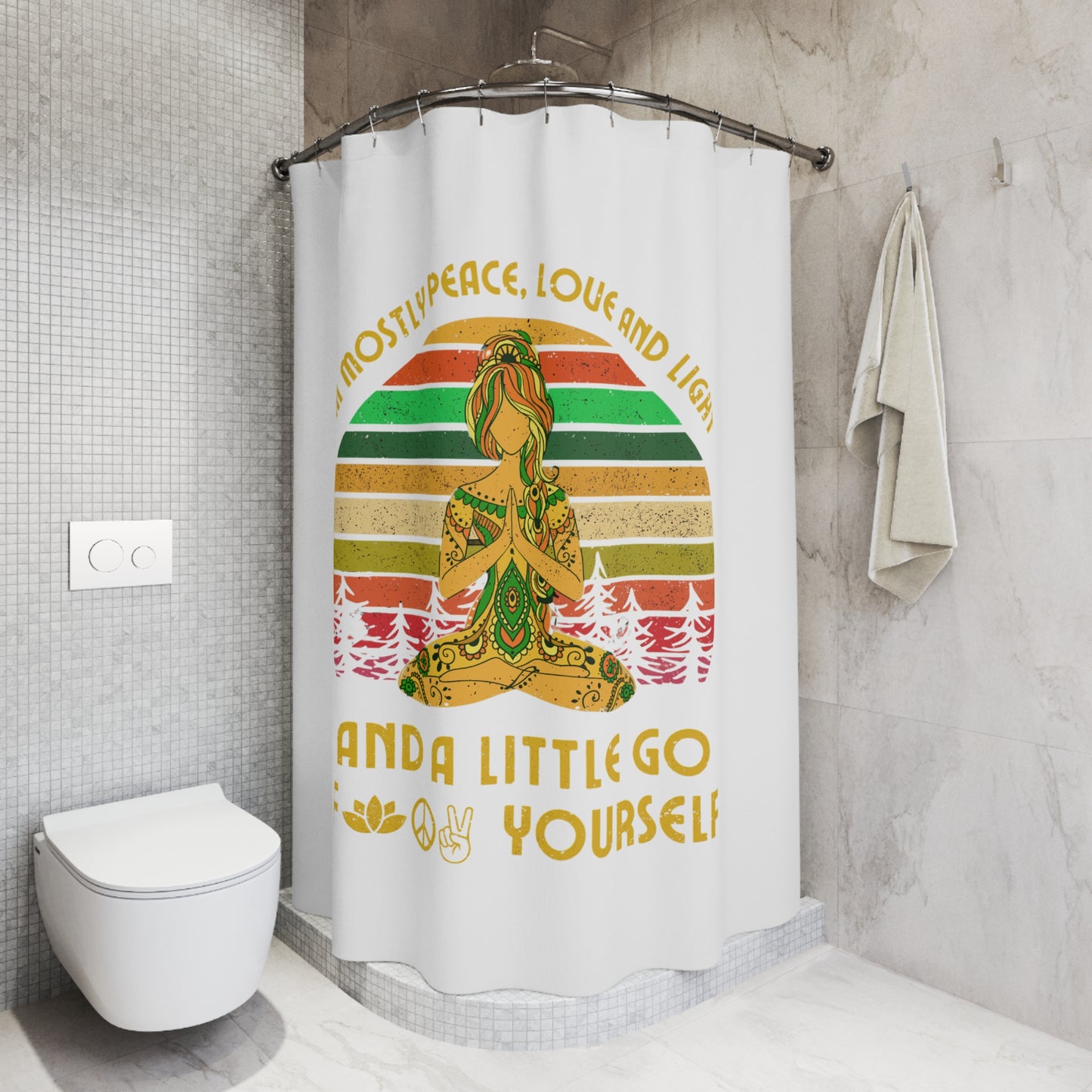 MOSTLY PEACE, LOVE & LIGHT • RETRO BOHO • Hochwertiger, Schöner Duschvorhang 180x200 cm Weiss