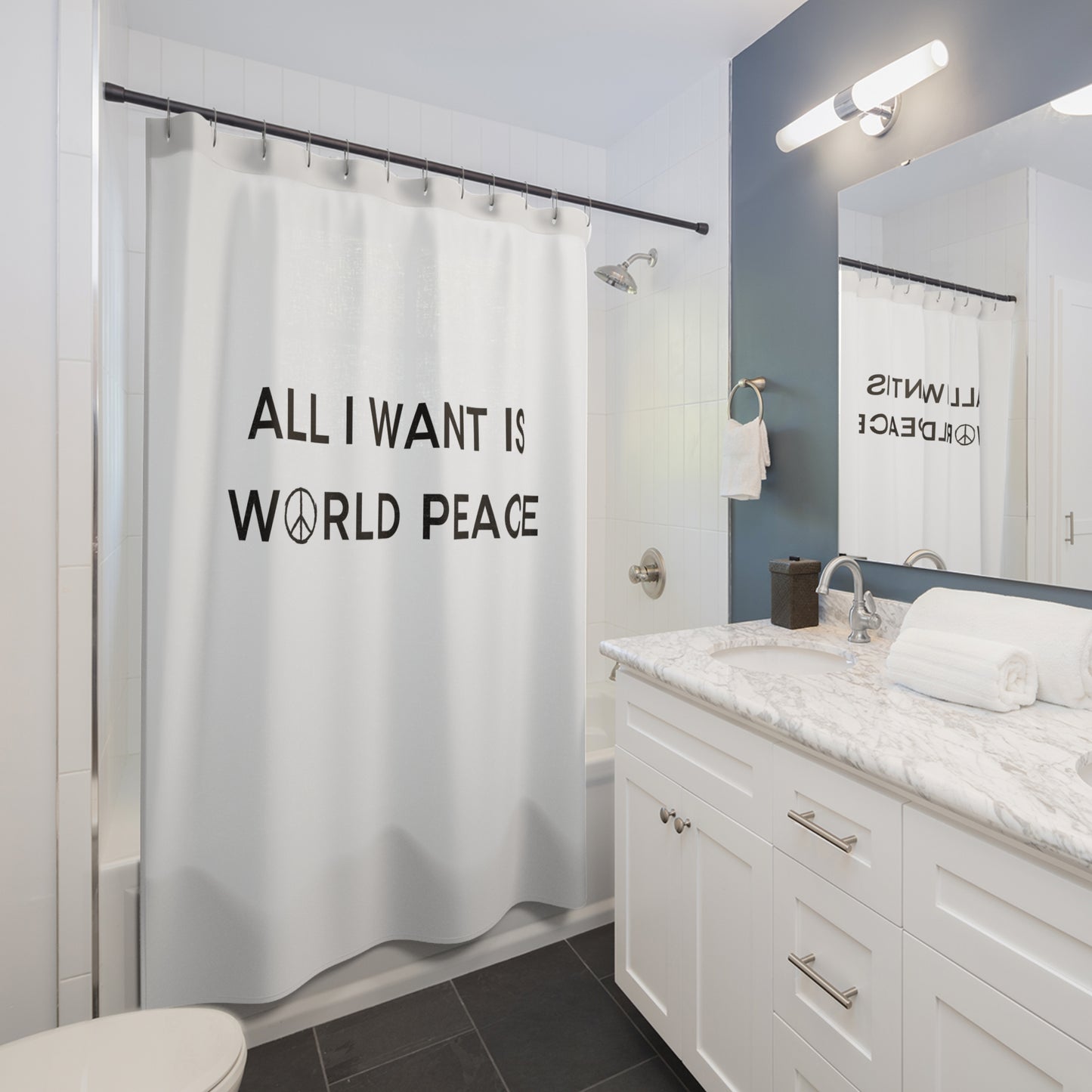 ALL I WANT IS WORLD PEACE - PEACHE ZEICHEN • Hochwertiger, Schöner Duschvorhang 180x200 cm Weiss