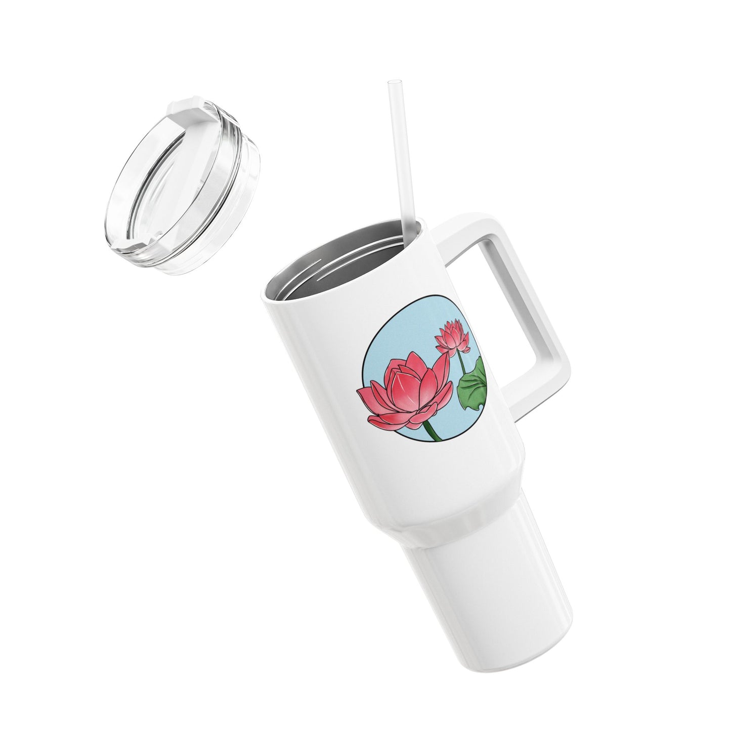 LOTUSBLUMEN ROSA PINK BLUMENMOTIV • Tumbler mit Henkel & Strohhalm • XXL Reisebecher 1,2L - YOGA SANTA
