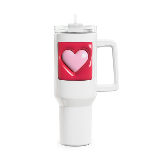 HERZ ROSA PINK 3D Illusion • Tumbler mit Henkel & Strohhalm • XXL Reisebecher 1,2L