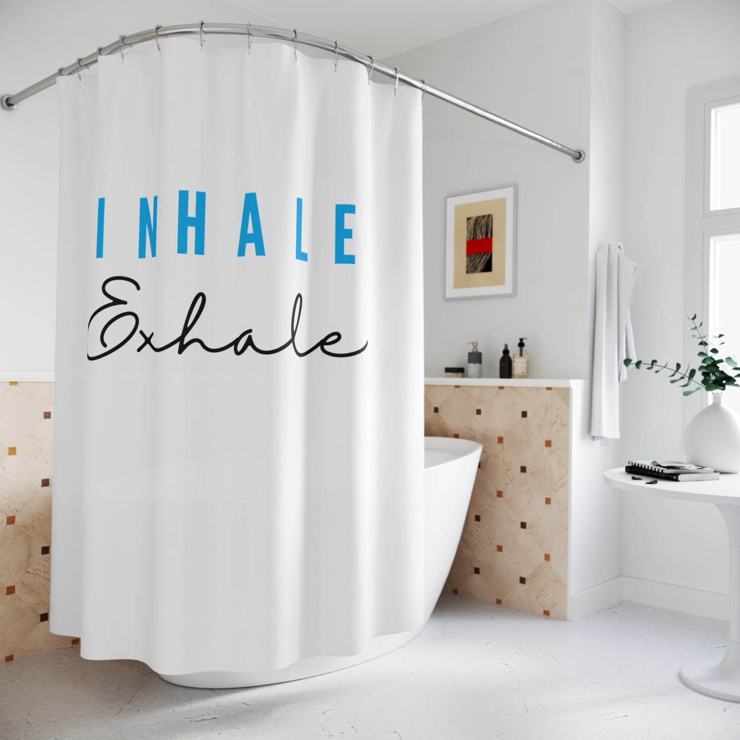 INHALE EXHALE - YOGA ATEMMEDITATION • Hochwertiger, Schöner Duschvorhang 180x200 cm Weiss