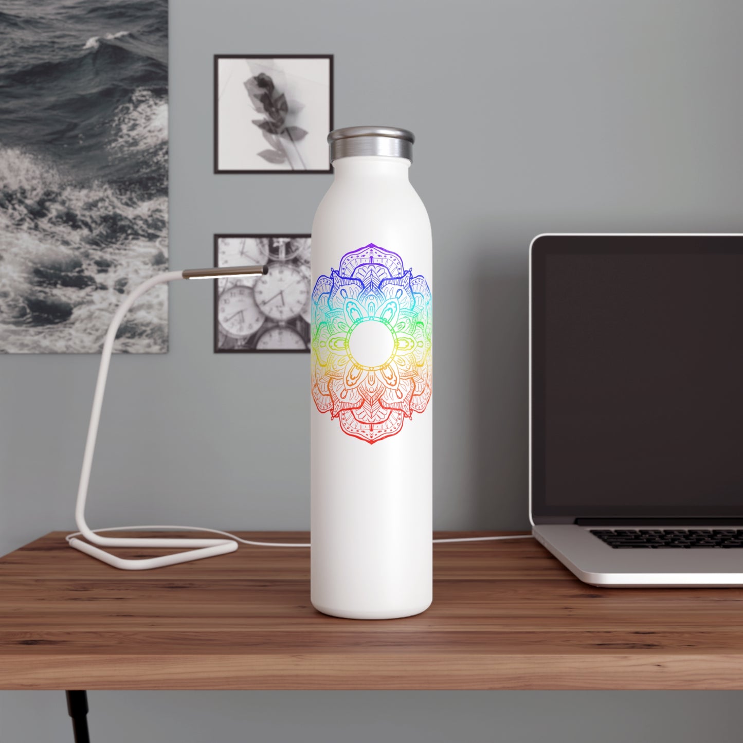 MANDALA BLUME REGENBOGEN • Edelstahl Thermosflasche SLIM • 600 ml