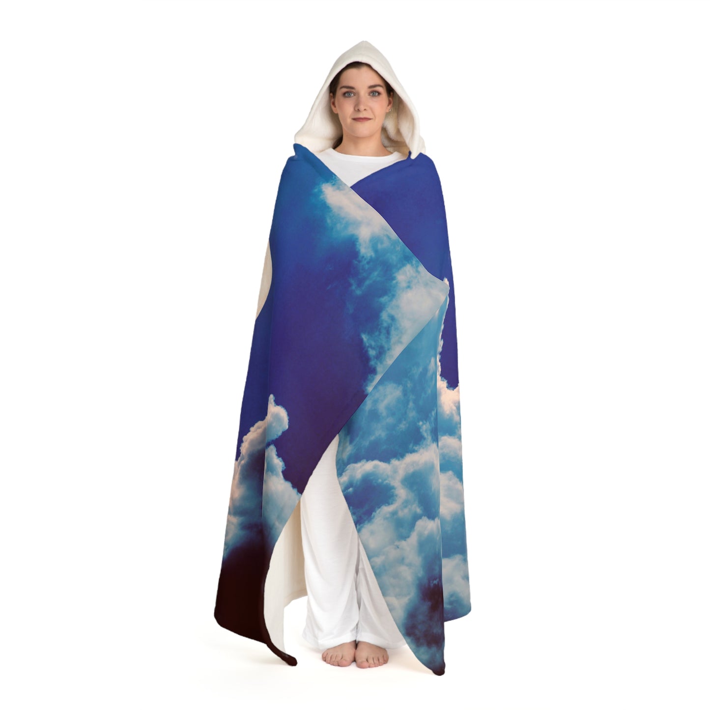 MOND HIMMEL WOLKEN • Kapuzen Kuscheldecke Blau • Wohndecke Sherpa 130cm x 180cm