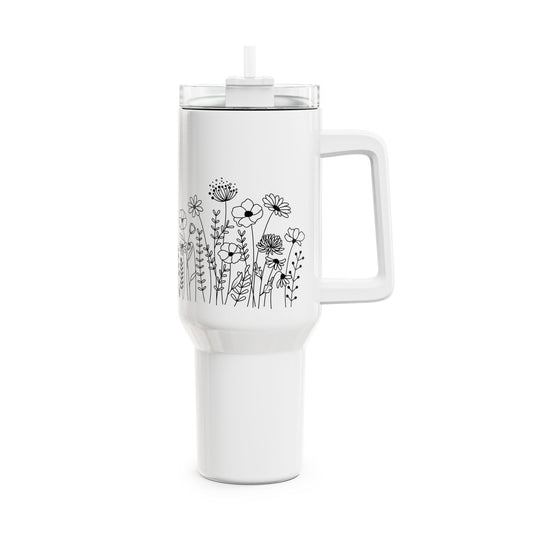 BLUMEN PRINT • Tumbler mit Henkel & Strohhalm • XXL Reisebecher 1,2L