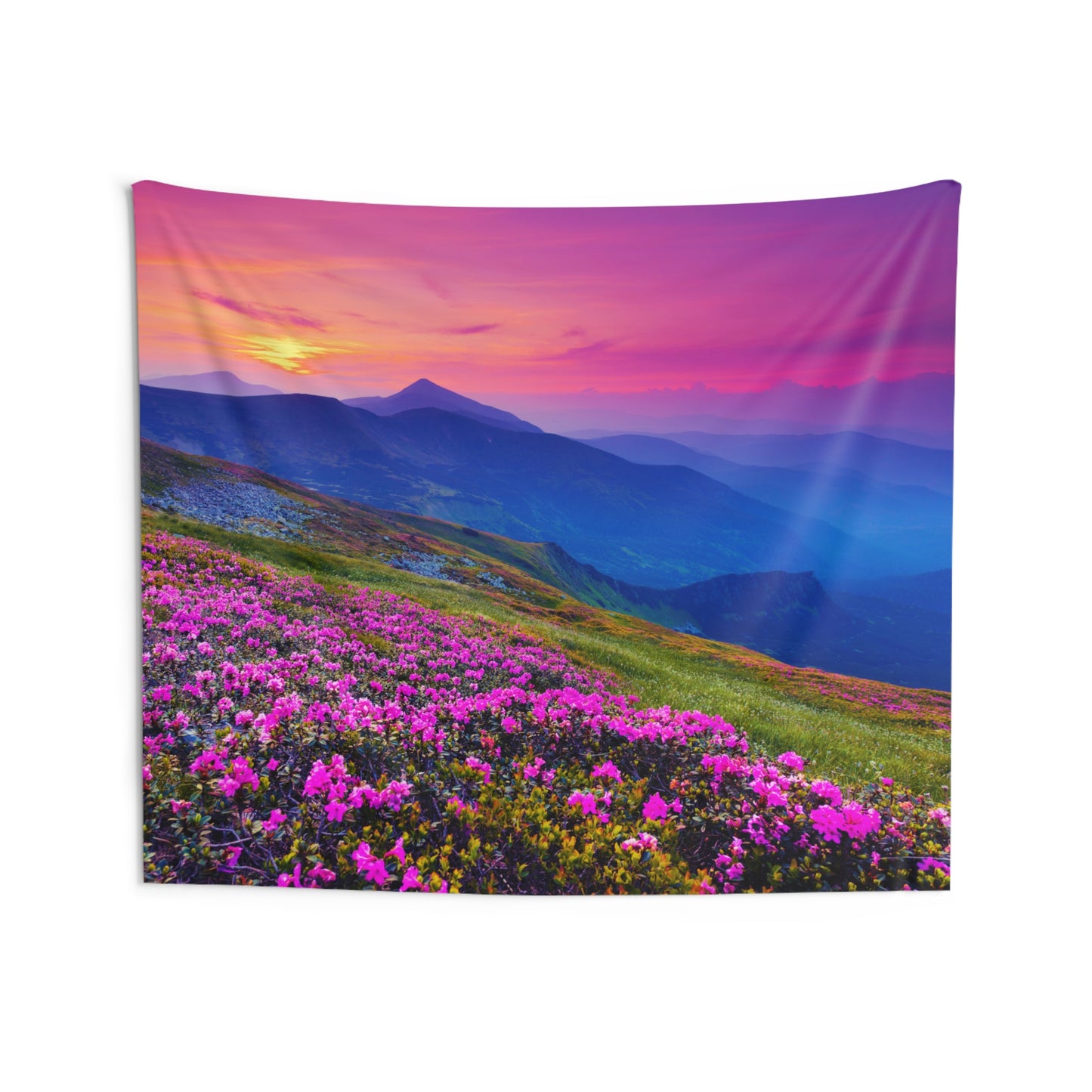 BERGE BLUMENWIESE SONNERNUNTERGANG • Urlaubsmotiv • Wandtuch • Wandttepich Schwarz Weiß • Wanddekor in v. Größen bis XXL