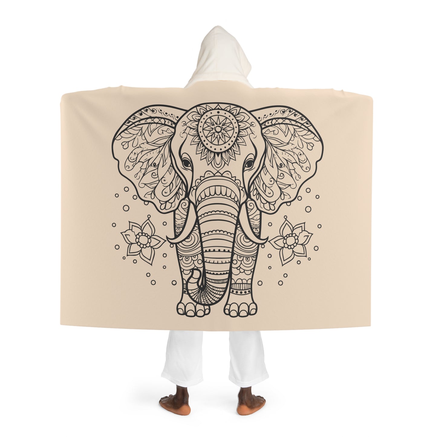 ELEFANT BLUMEN MANDALA • Kapuzen Kuscheldecke Beige Creme • Wohndecke Sherpa 130cm x 180cm