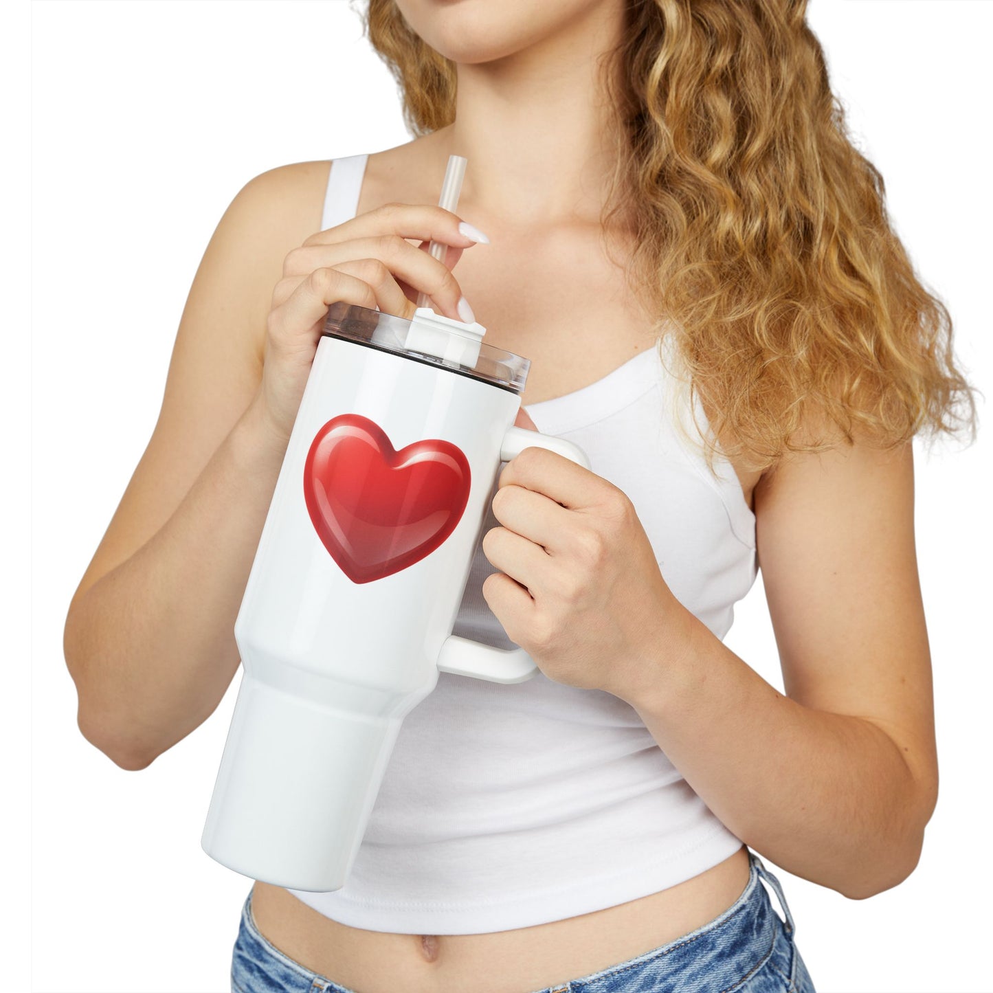 HERZ ROT HERZCHEN KNALLROT • Tumbler mit Henkel & Strohhalm • XXL Reisebecher 1,2L