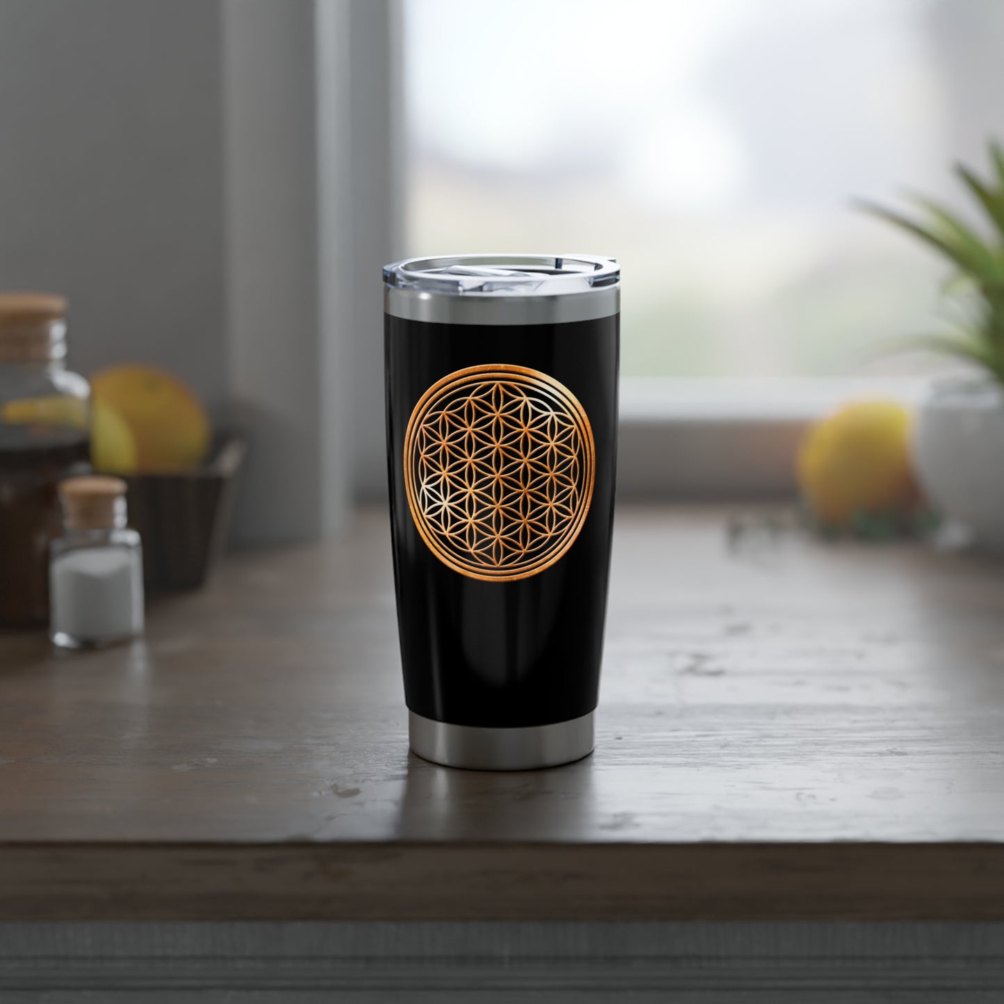 BLUME DES LEBENS BRONZE OPTIK • Thermo-Reisebecher XL • 590 ml • Tumbler Schwarz Vagabond