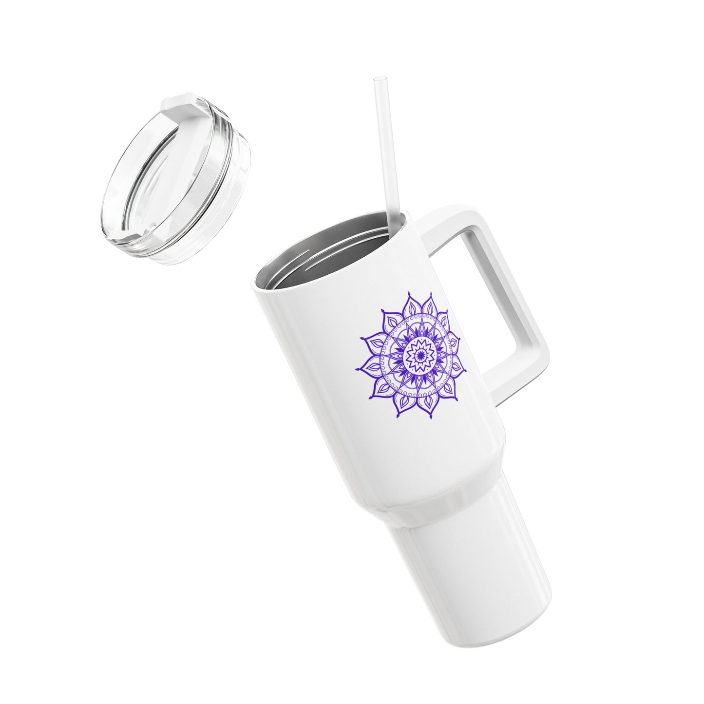 MANDALA LILA BLUME VIOLET • Tumbler mit Henkel & Strohhalm • XXL Reisebecher 1,2L - YOGA SANTA