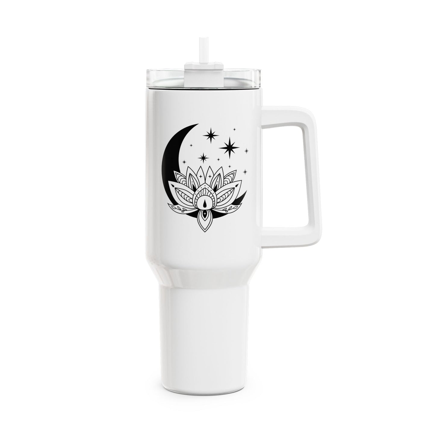 MOND LOTUSBLÜTE STERNE SPIRITUELL • Tumbler mit Henkel & Strohhalm • XXL Reisebecher 1,2L
