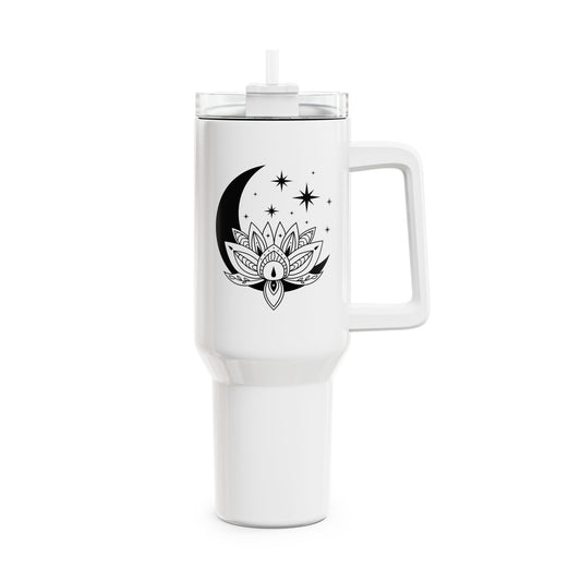 MOND LOTUSBLÜTE STERNE SPIRITUELL • Tumbler mit Henkel & Strohhalm • XXL Reisebecher 1,2L