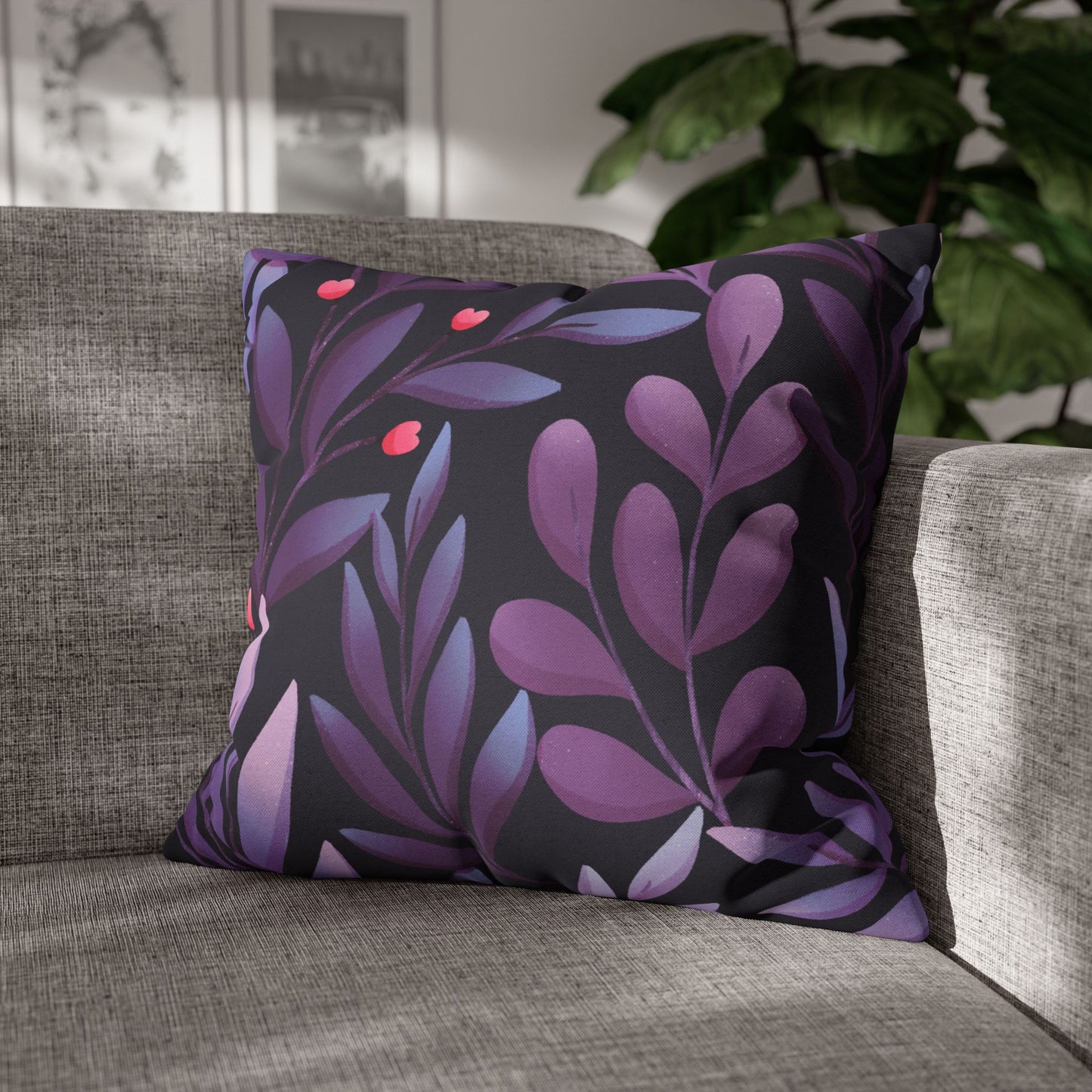 BLÄTTER FLORAL LILA VIOLET • Deko Kissenbezug mit Reißverschluss Quadratisch Schwarz