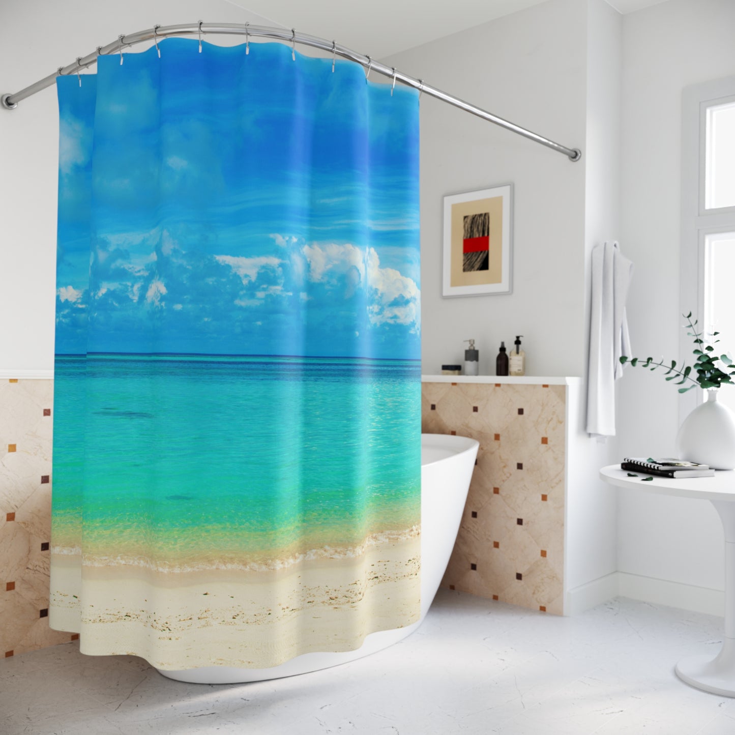 MEER STRAND HIMMEL • Urlaubsmotiv • Hochwertiger, Schöner Duschvorhang 180x200 cm Weiss