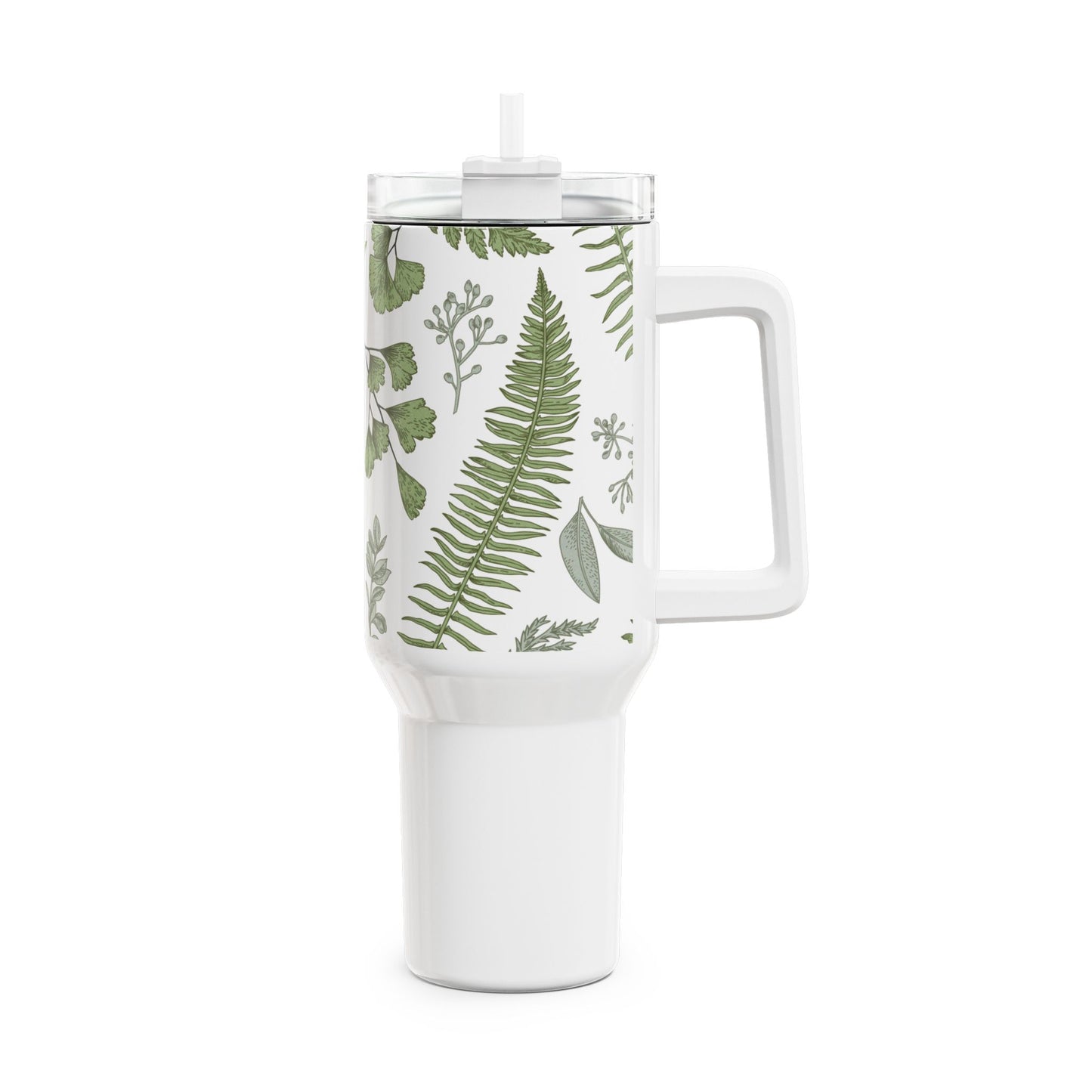 GRÜNE BLÄTTER FARN PFLANZENMOTIV • Tumbler mit Henkel & Strohhalm • XXL Reisebecher 1,2L