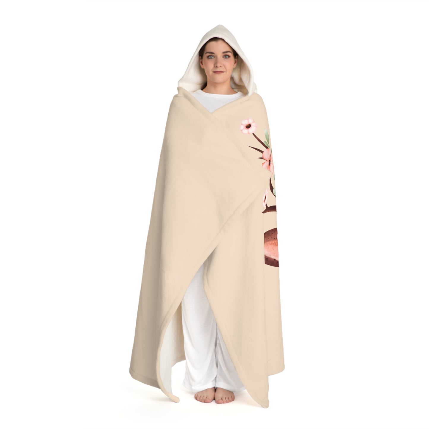 HIRSCH DECKE - REHKIDS MIT BLUMEN • Kapuzen Kuscheldecke Beige Creme • Wohndecke Sherpa 130cm x 180cm