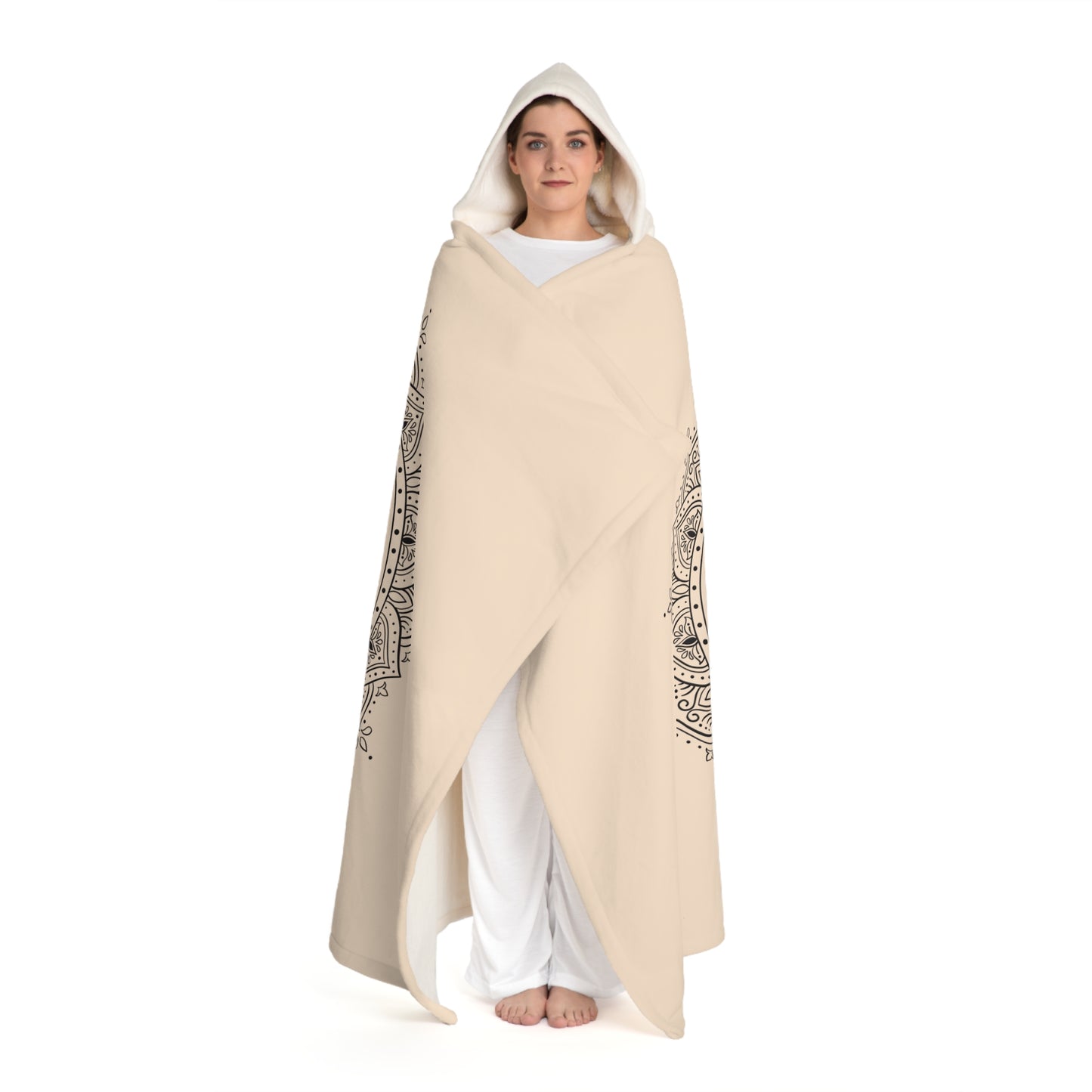 MANDALA BLUME MOTIV • Kapuzen Kuscheldecke Beige Creme • Wohndecke Sherpa 130cm x 180cm