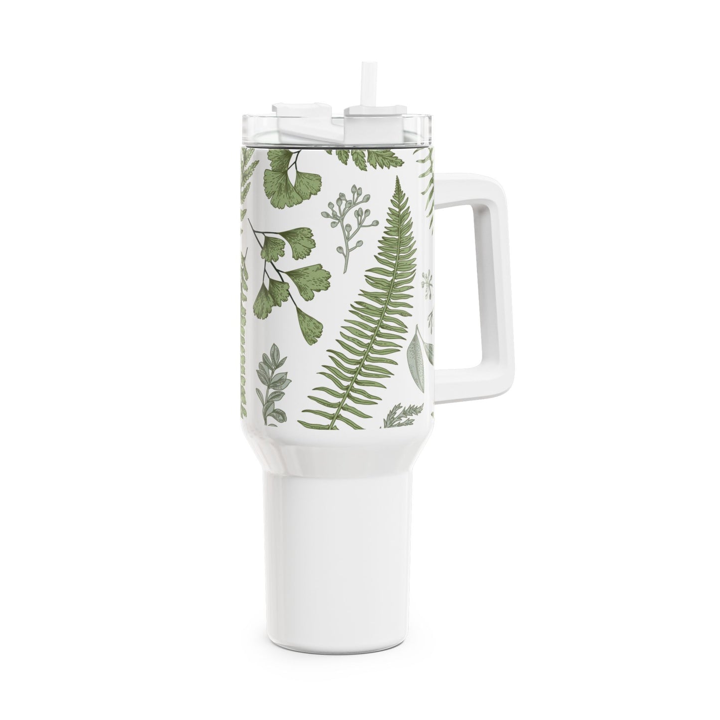 GRÜNE BLÄTTER FARN PFLANZENMOTIV • Tumbler mit Henkel & Strohhalm • XXL Reisebecher 1,2L