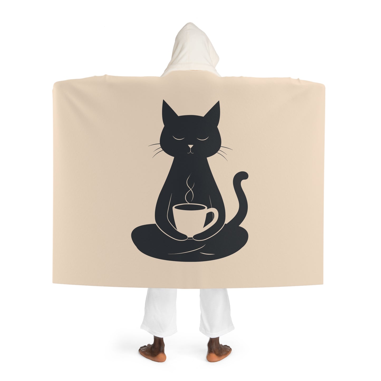 KATZEN KAFFEE LIEBHABER • Kapuzen Kuscheldecke Beige Creme • Wohndecke Sherpa 130cm x 180cm