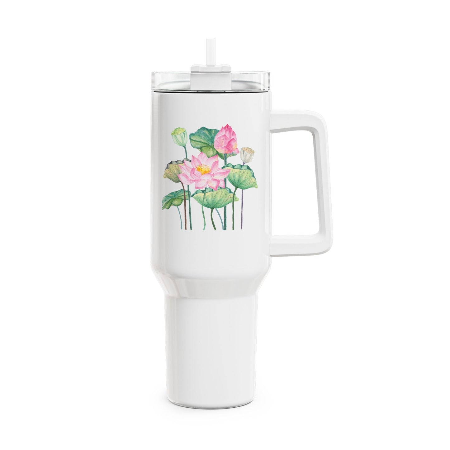 LOTUSBLUMEN AQUARELL ZEICHNUNG • Tumbler mit Henkel & Strohhalm • XXL Reisebecher 1,2L