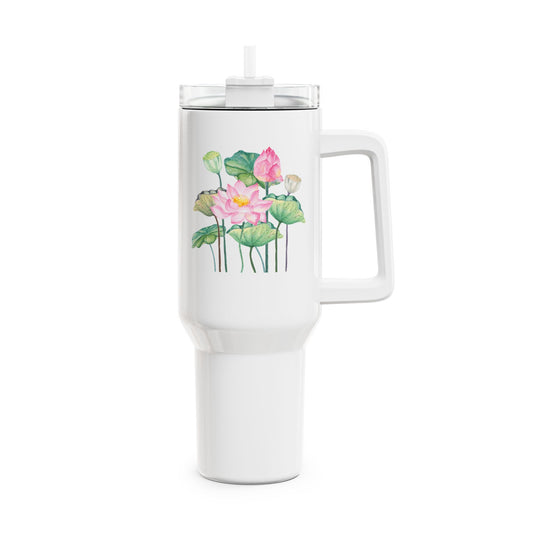 LOTUSBLUMEN AQUARELL ZEICHNUNG • Tumbler mit Henkel & Strohhalm • XXL Reisebecher 1,2L