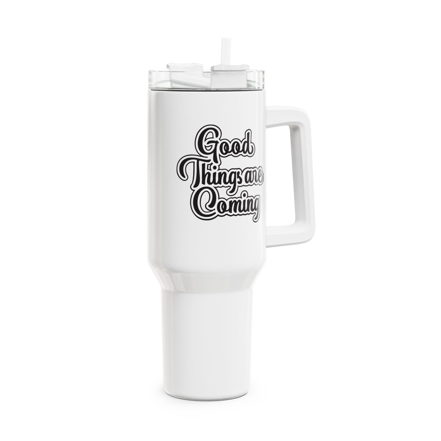 GOOD THINGS ARE COMING • Tumbler mit Henkel & Strohhalm • XXL Reisebecher 1,2L