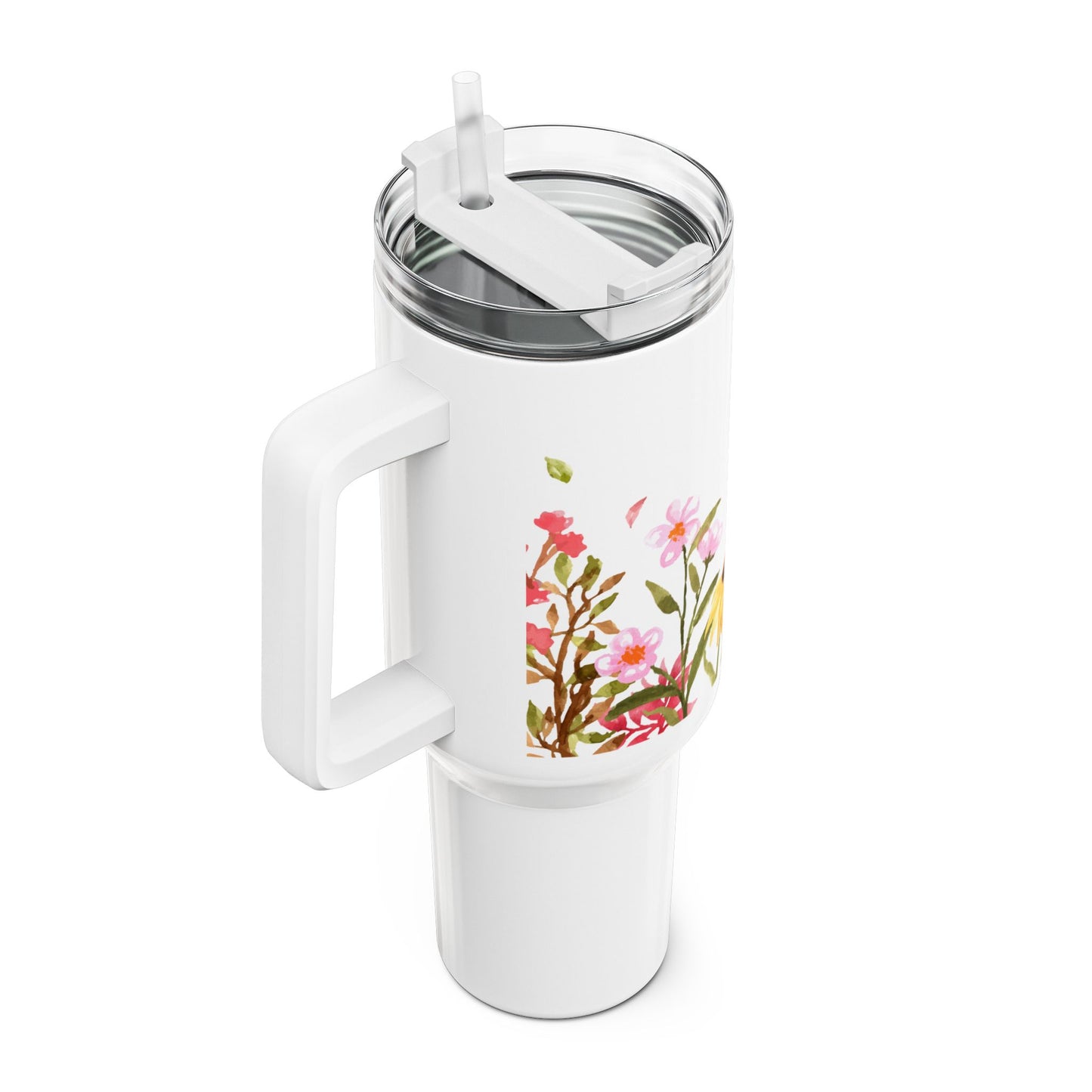AQUARELL BLUMENWIESE RETRO DESGIN • Tumbler mit Henkel & Strohhalm • XXL Reisebecher 1,2L