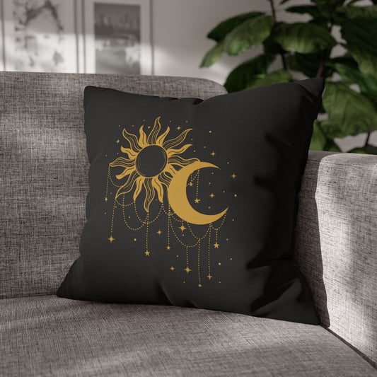 SONNE MOND STERNENHIMMEL • Deko Kissenbezug mit Reißverschluss Quadratisch Schwarz