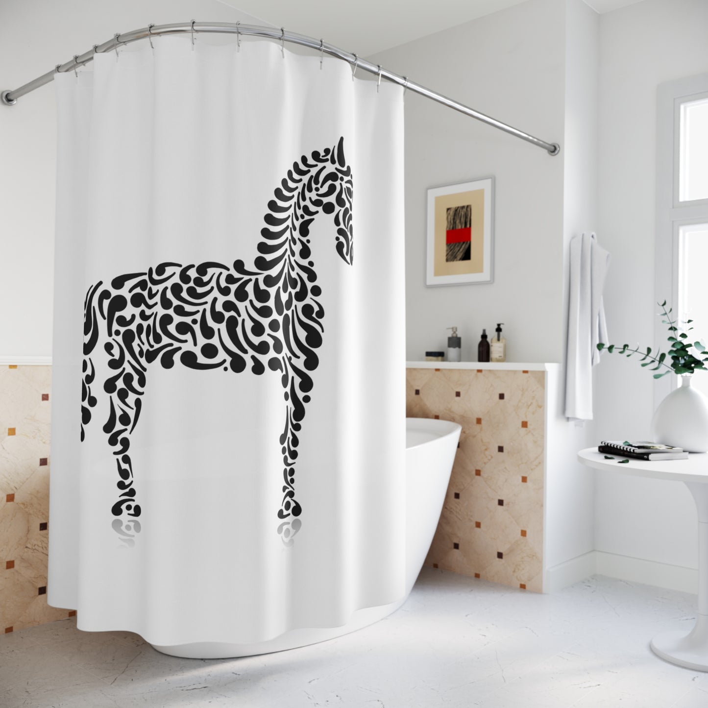 PFERD ZEICHNUNG KUNSTDRUCK • Hochwertiger, Schöner Duschvorhang 180x200 cm Weiss