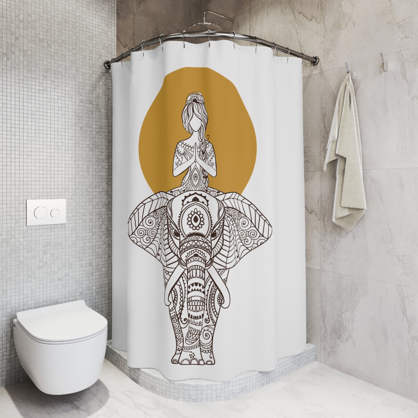 ELEFANT MANDALA FRAU SONNE • Hochwertiger, Schöner Duschvorhang 180x200 cm Weiss