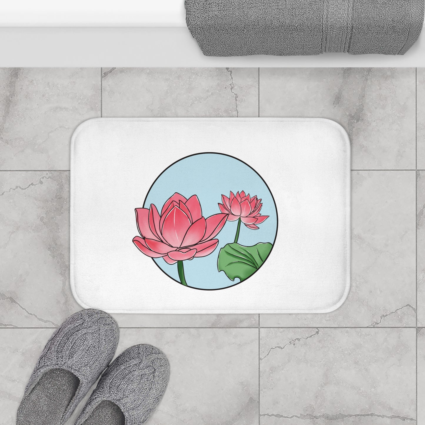 LOTUS BLUMEN CLIPART • Badvorleger Weiss / Fussmatte / Badteppich EXTRA Weich • 43 x 61 cm & 53 x 86 cm