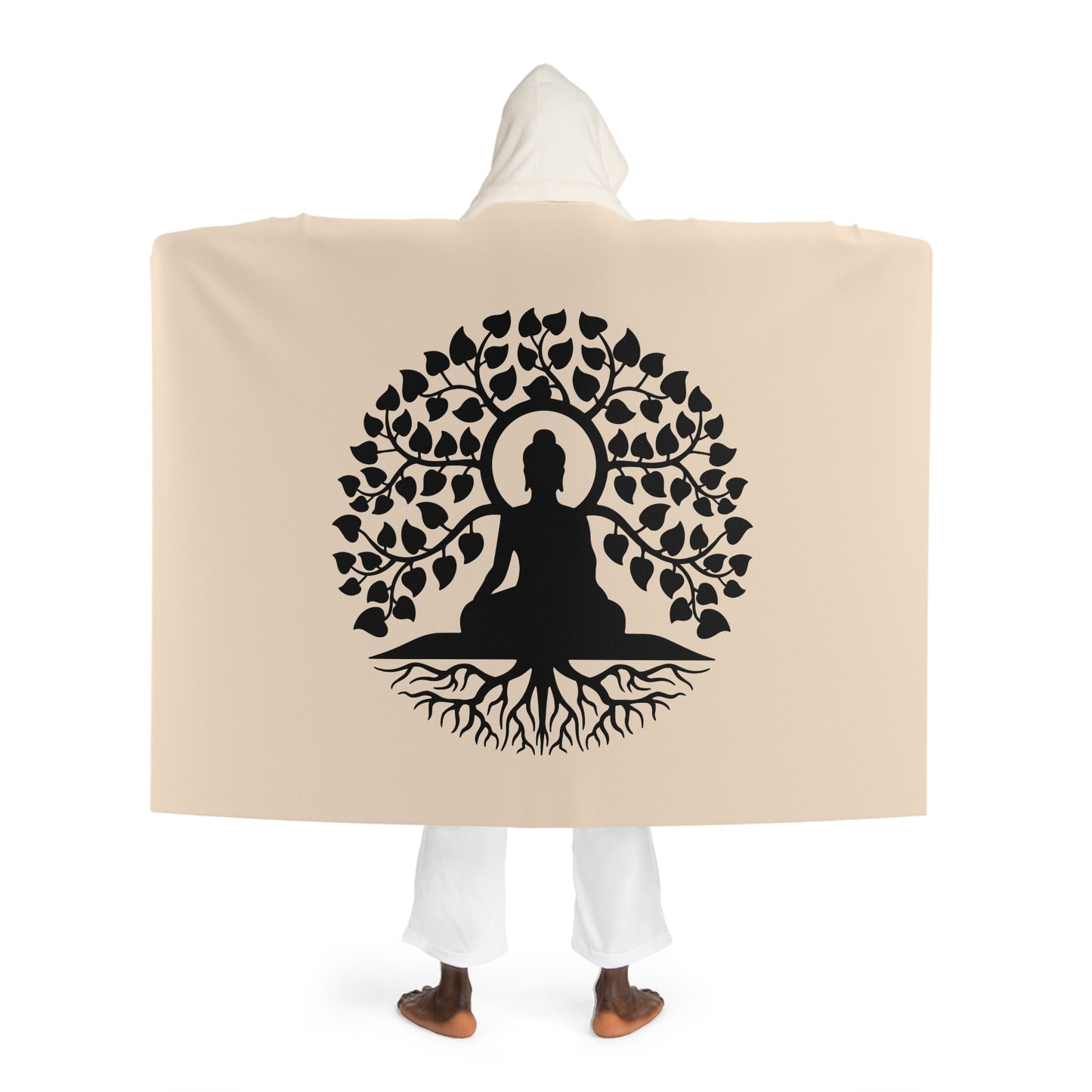 BAUM DES LEBENS MIT BUDDHA • Kapuzen Kuscheldecke Beige Creme • Wohndecke Sherpa 130cm x 180cm